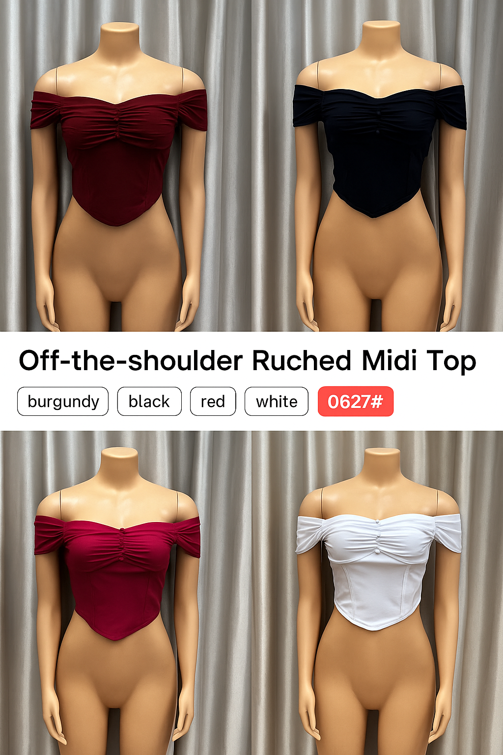 Off-Shoulder Ruched Front Crop Top – Style 0627#