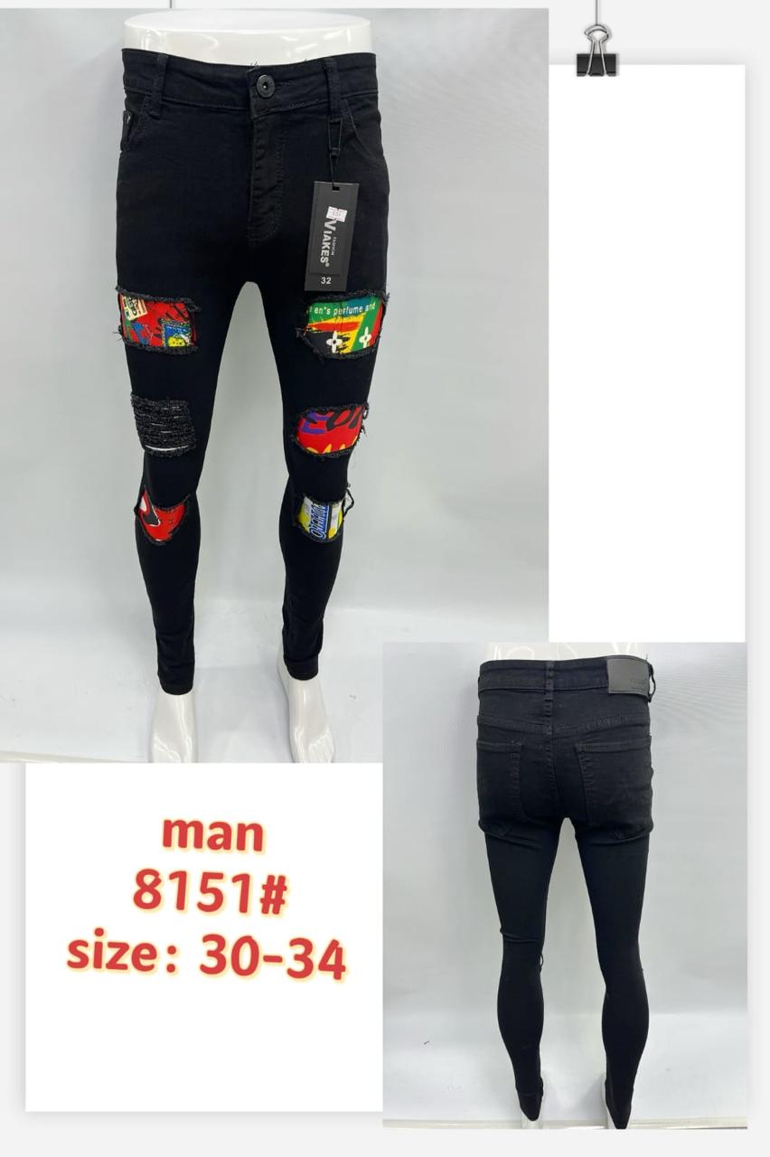 Men’s Trendy Black Ripped Patch Jeans – Multi-Color Street Style | Model 8151