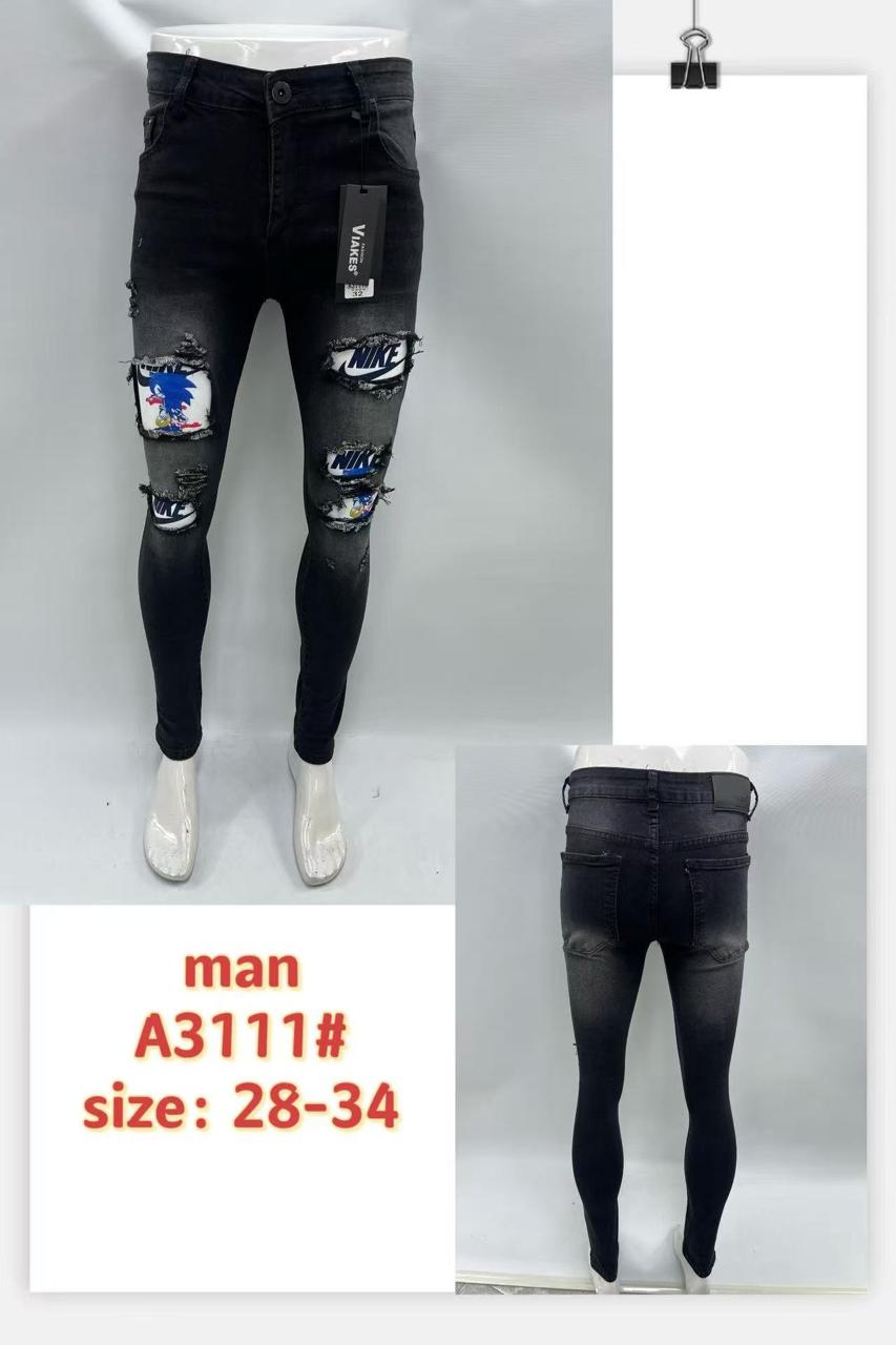 Men’s Black Distressed Cartoon Patch Skinny Jeans – Style A3111