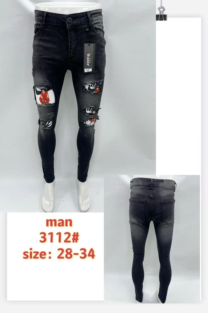 Men’s Charcoal Black Distressed Patch Skinny Jeans – Style 3112