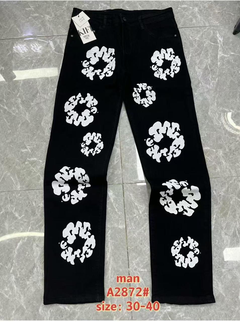 Men’s Designer Black Jeans with Abstract White Circle Print – A2872
