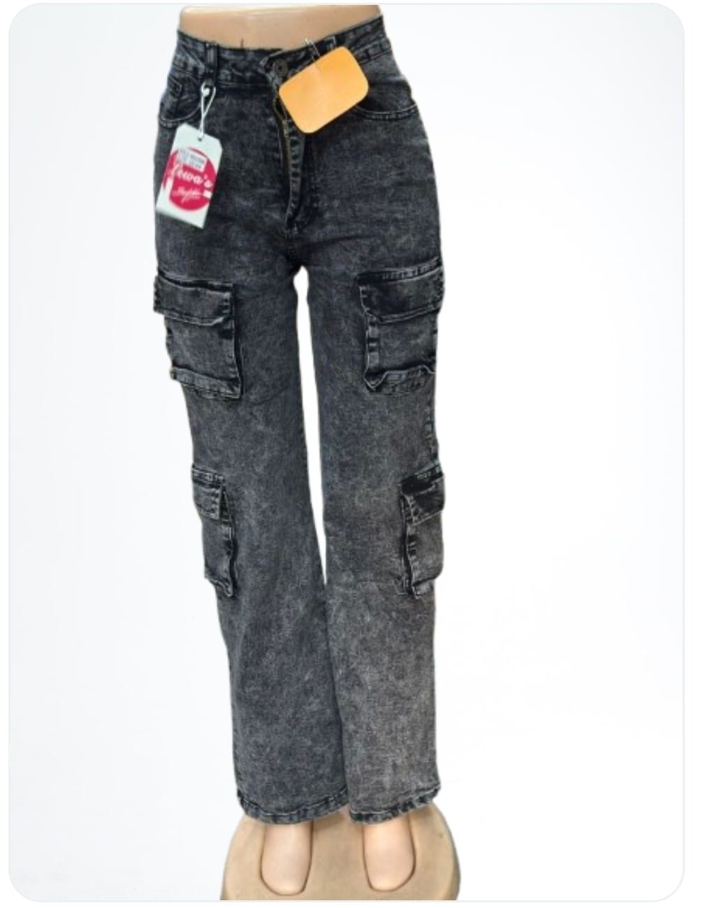 Washed Black High-Waist Cargo Jeans