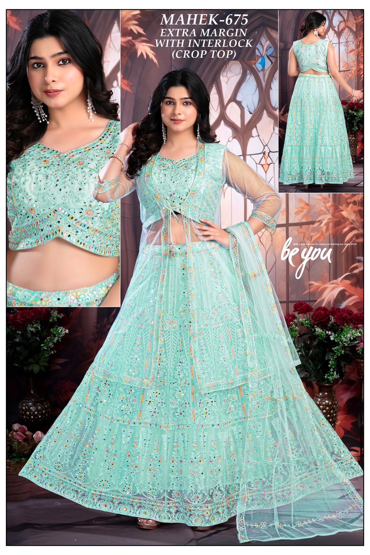 Women’s Mint Green Embroidered Net Lehenga Set