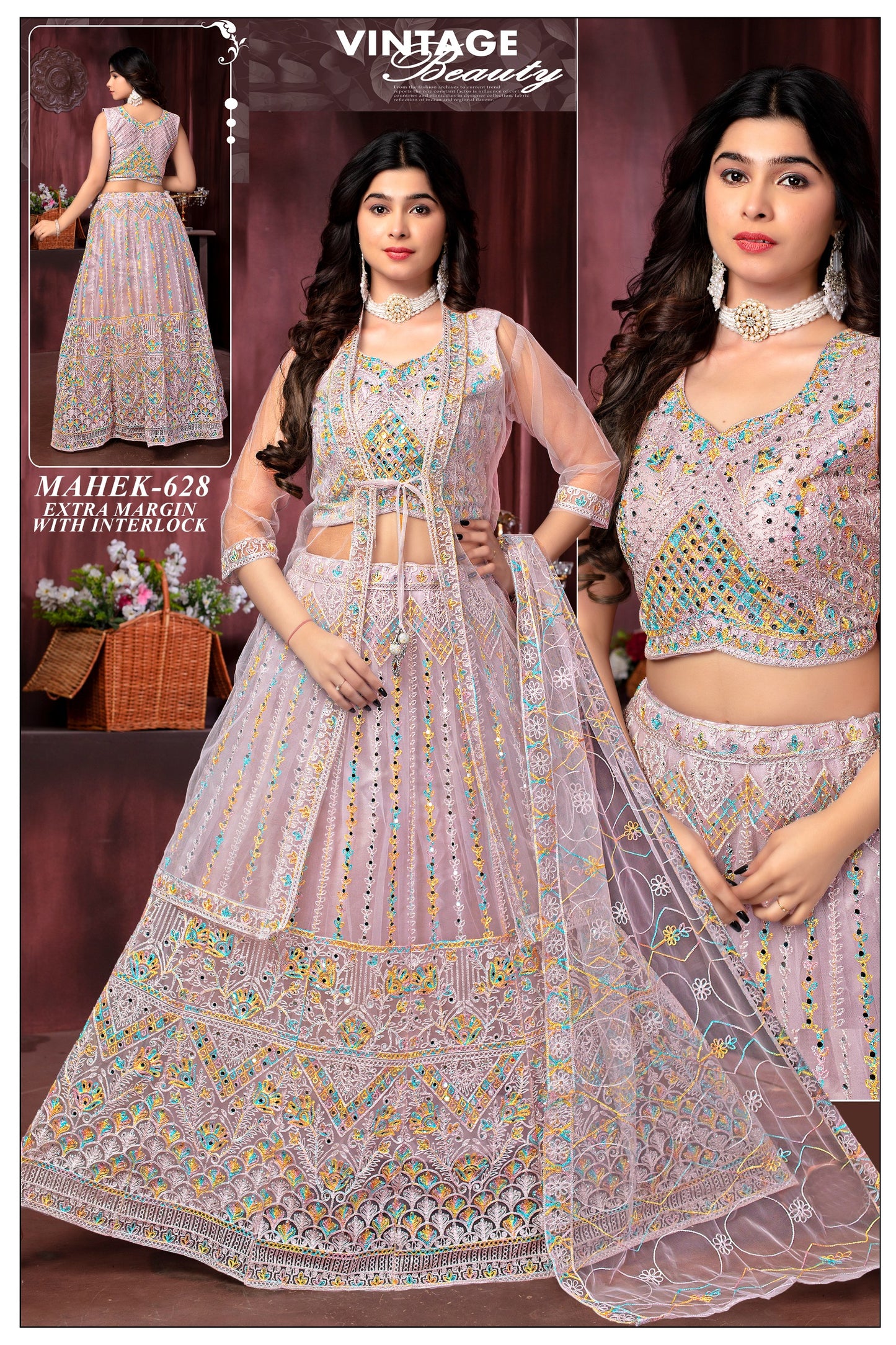 Women’s Lavender Embroidered Net Lehenga Set