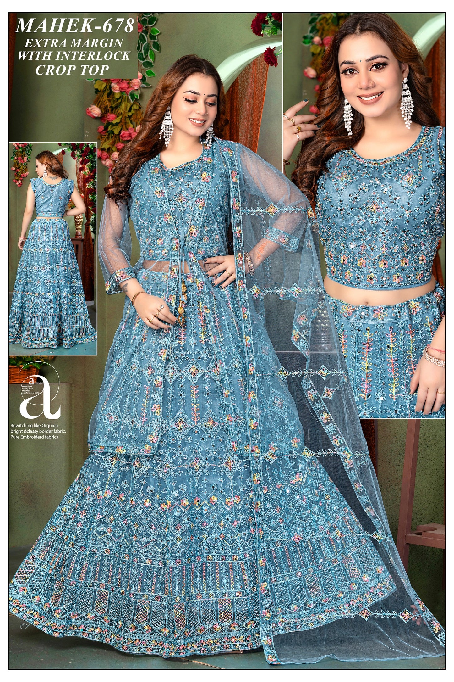 Mahek-678 Blue Embroidered Crop Top Lehenga with Dupatta