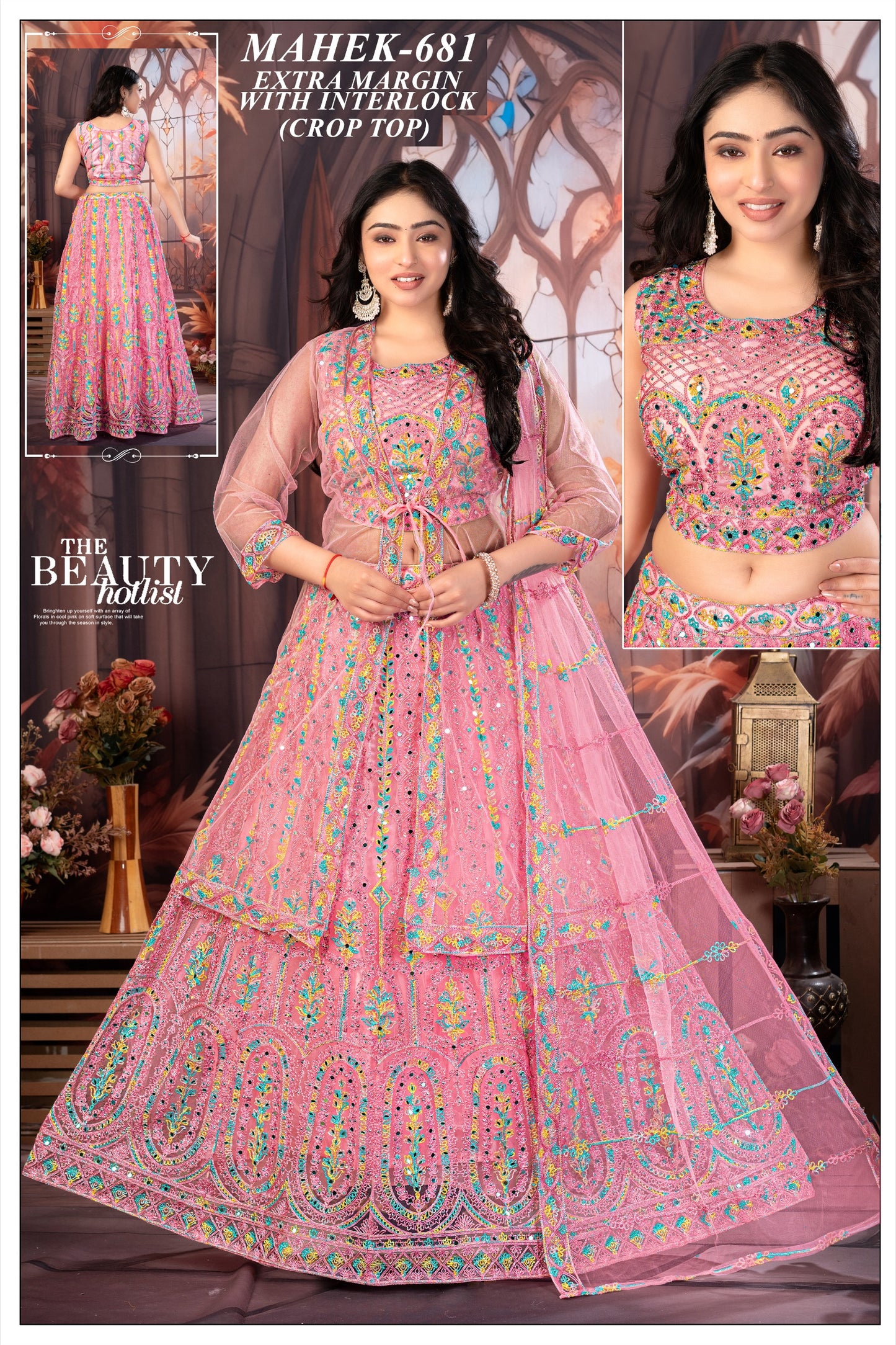Mahek-681 Pink Embroidered Crop Top Lehenga with Dupatta