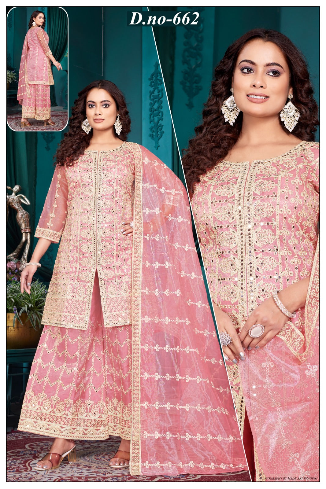 D.No-662 Peach Pink Embroidered Palazzo Suit with Dupatta
