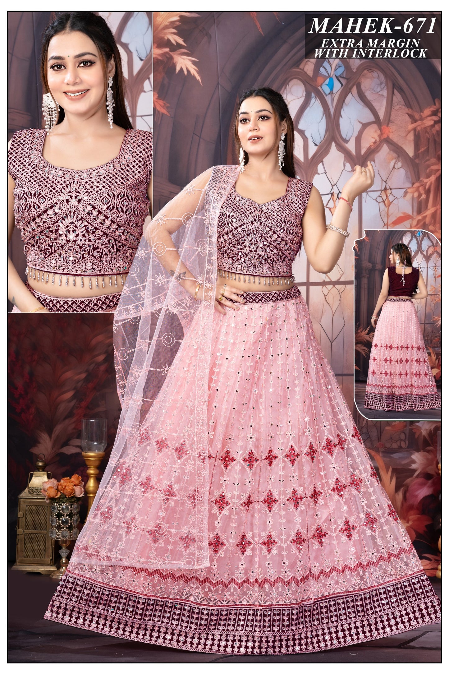 Pink & Wine Embroidered Lehenga Choli with Dupatta