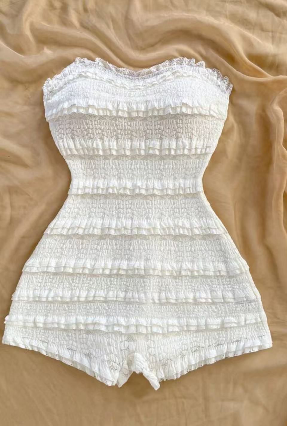 White Strapless Smocked Ruffle Romper