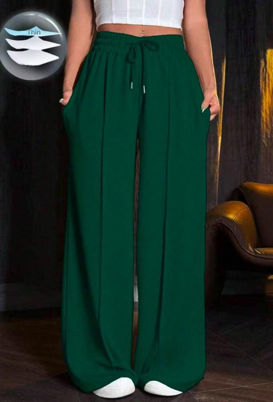 Women’s Wide Leg Casual Pants with Drawstring Waist – Green