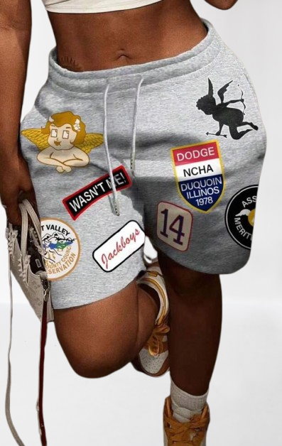 Patchwork Graphic Grey Casual Shorts