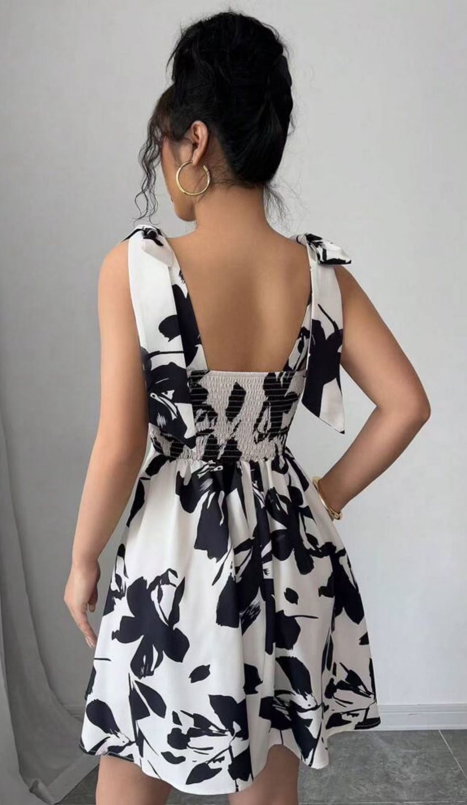 Beige & Black Floral A-Line Dress with Shoulder Tie Straps