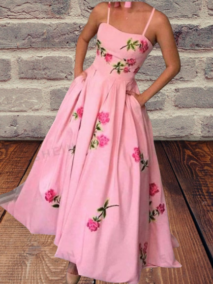 Women’s Pink Floral Embroidered Maxi Dress