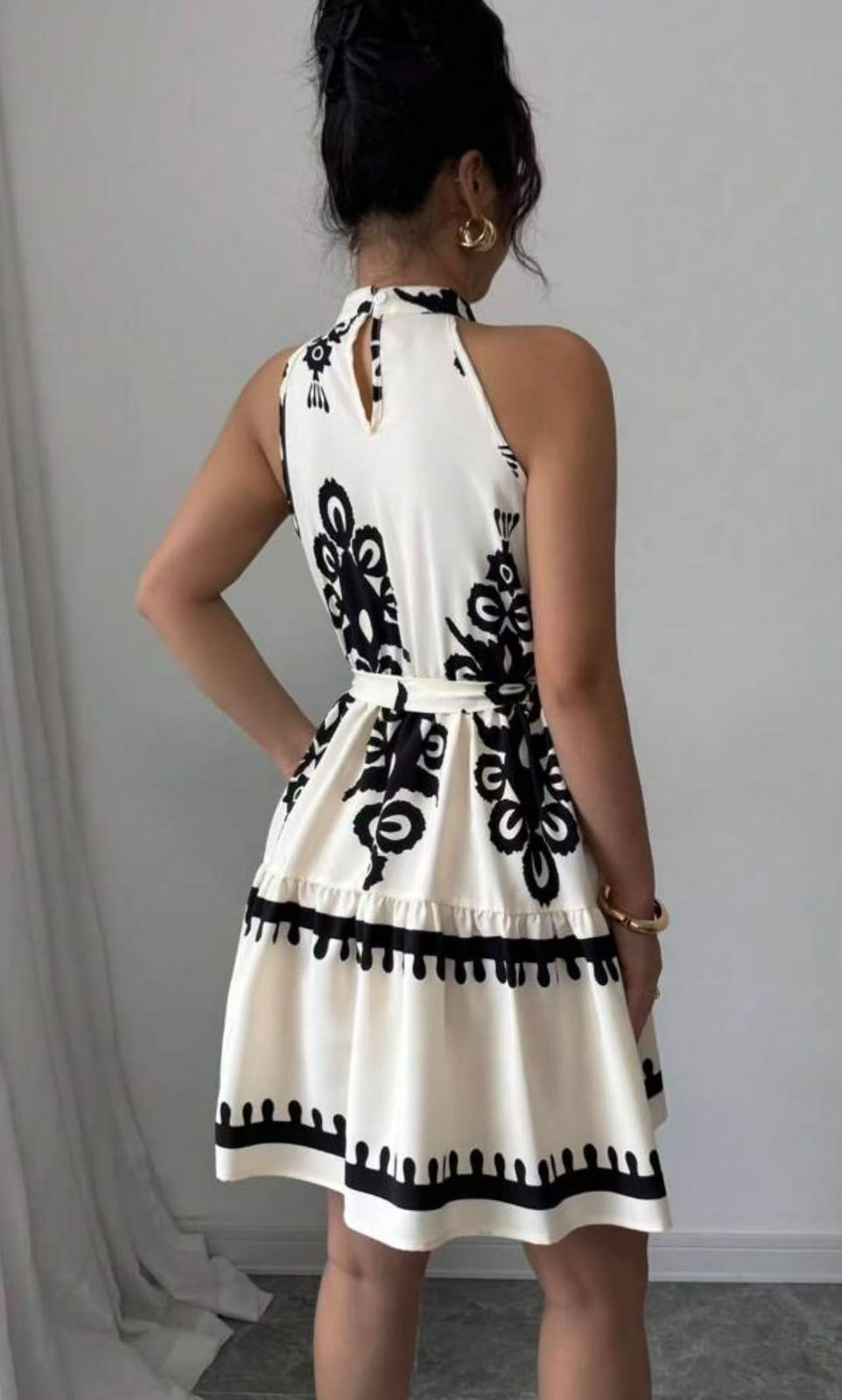 Elegant Black & White Printed Halter Neck Mini Dress