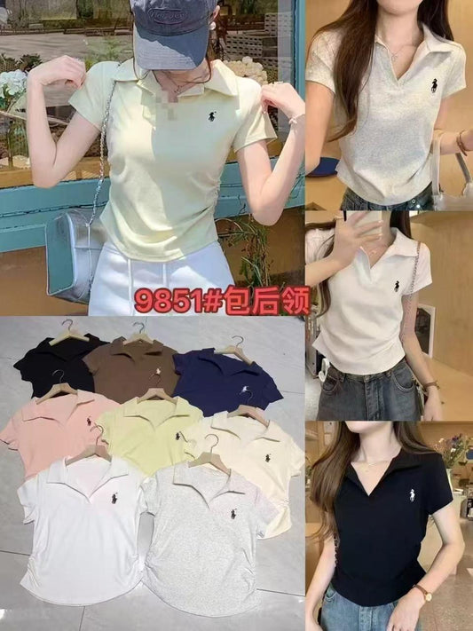 Embroidered Polo Collar Fitted Top – Style 9851#