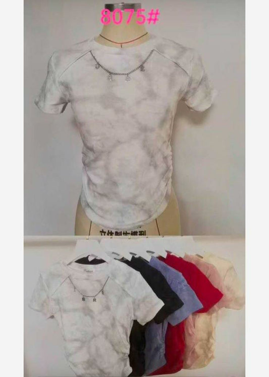 8075# – Women’s Tie-Dye Fitted T-Shirt with Chain Print Detail