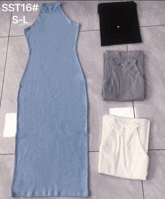 Women's Ribbed Sleeveless High-Neck Bodycon Midi Dress