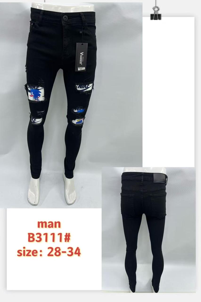 Men’s Jet Black Distressed Patch Skinny Jeans – Style B3111