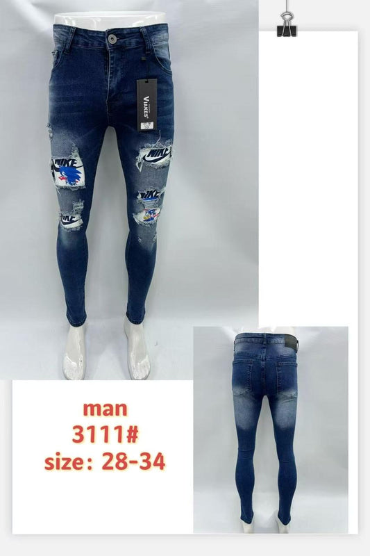 Men’s Distressed Cartoon Patch Skinny Jeans – Style 3111
