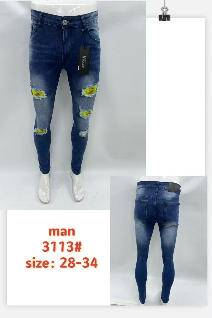 Men’s Blue Distressed Skinny Jeans with Green Cartoon Patch – Style 3113