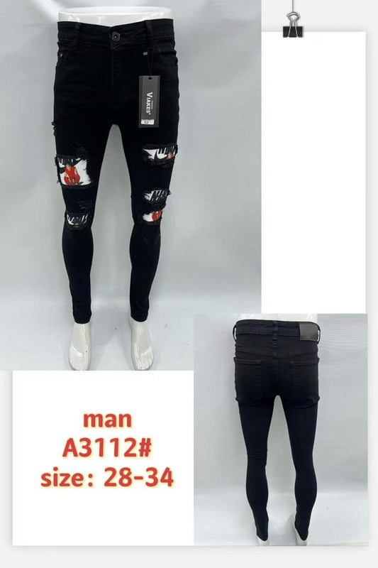 Men’s Jet Black Ripped Cartoon Patch Skinny Jeans – Style A3112