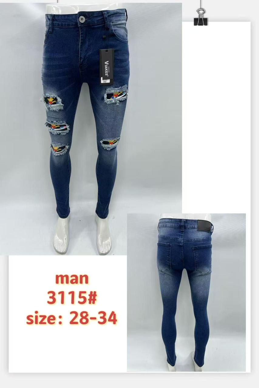 Men’s Blue Ripped Skinny Jeans with Multi-Color Cartoon Patch – Style 3115