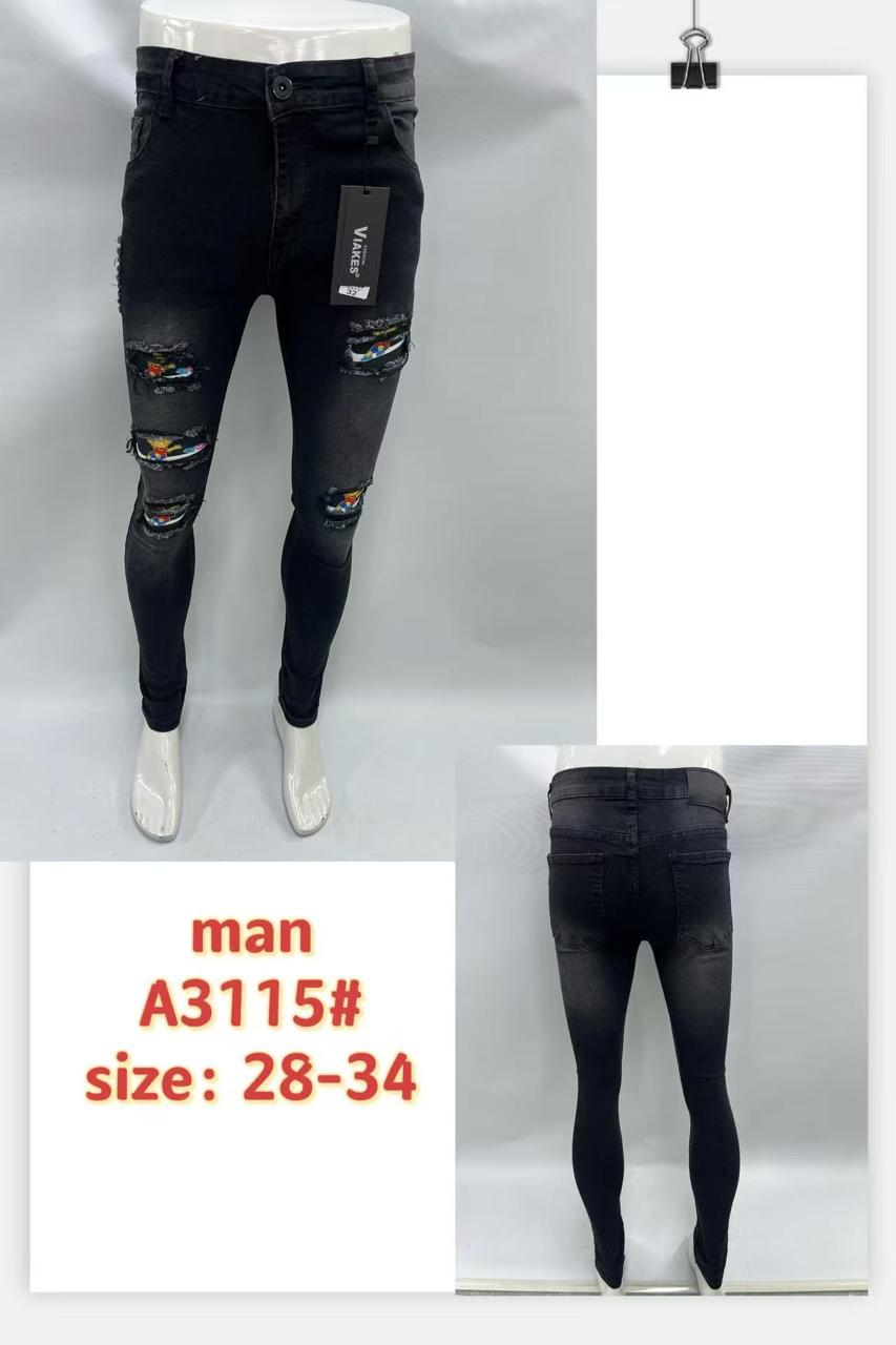 Men’s Black Ripped Skinny Jeans with Cartoon Patchwork – Style A3115