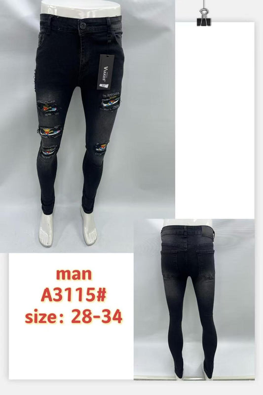 Men’s Black Ripped Skinny Jeans with Cartoon Patchwork – Style A3115
