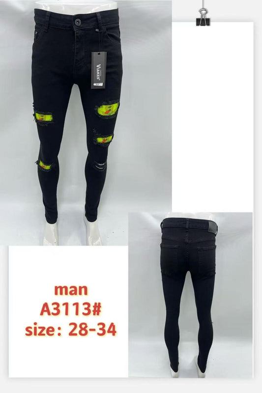 Men’s Black Distressed Skinny Jeans with Neon Green Cartoon Patch – Style A3113