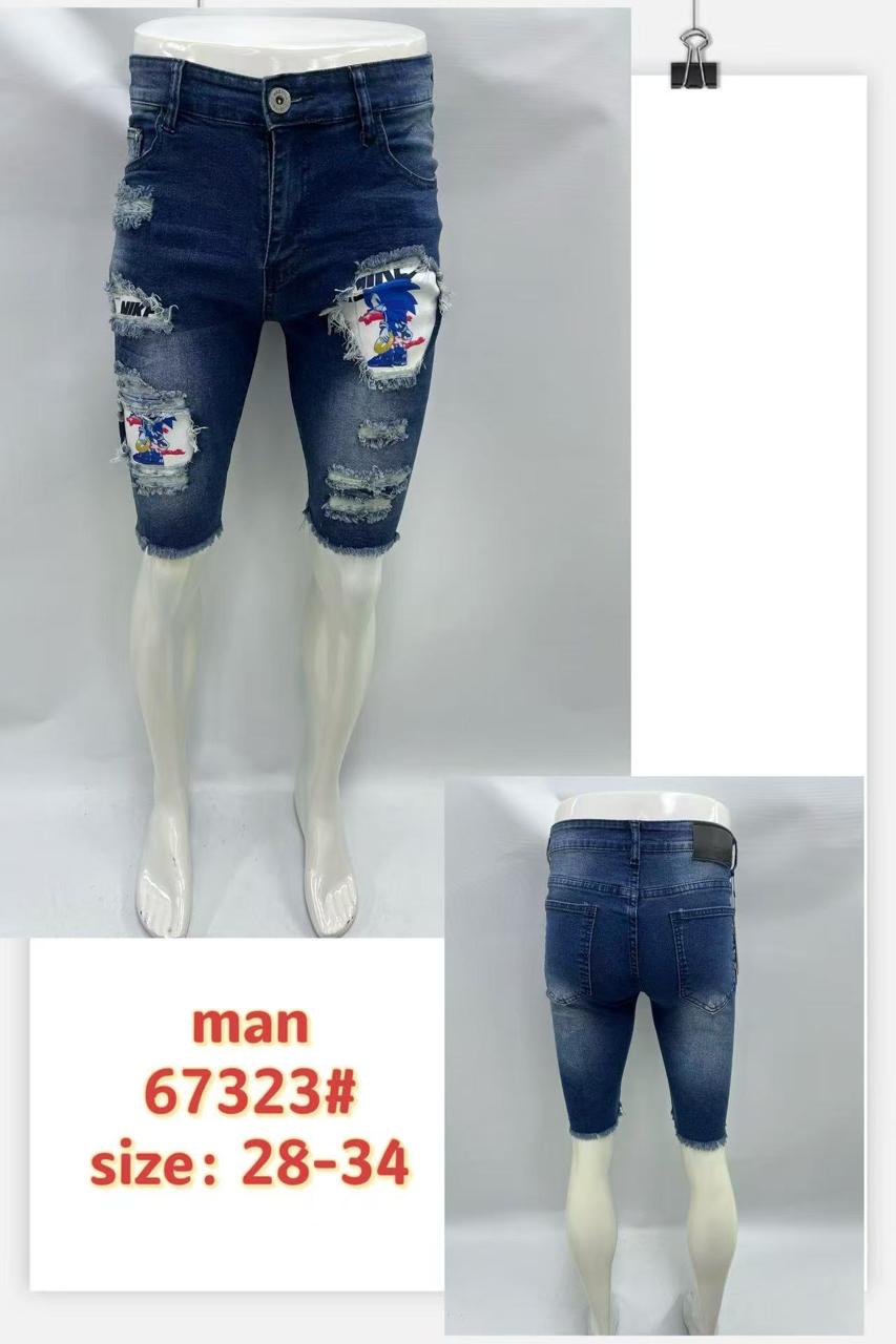 Men’s Ripped Denim Shorts with Cartoon Patch – 67323