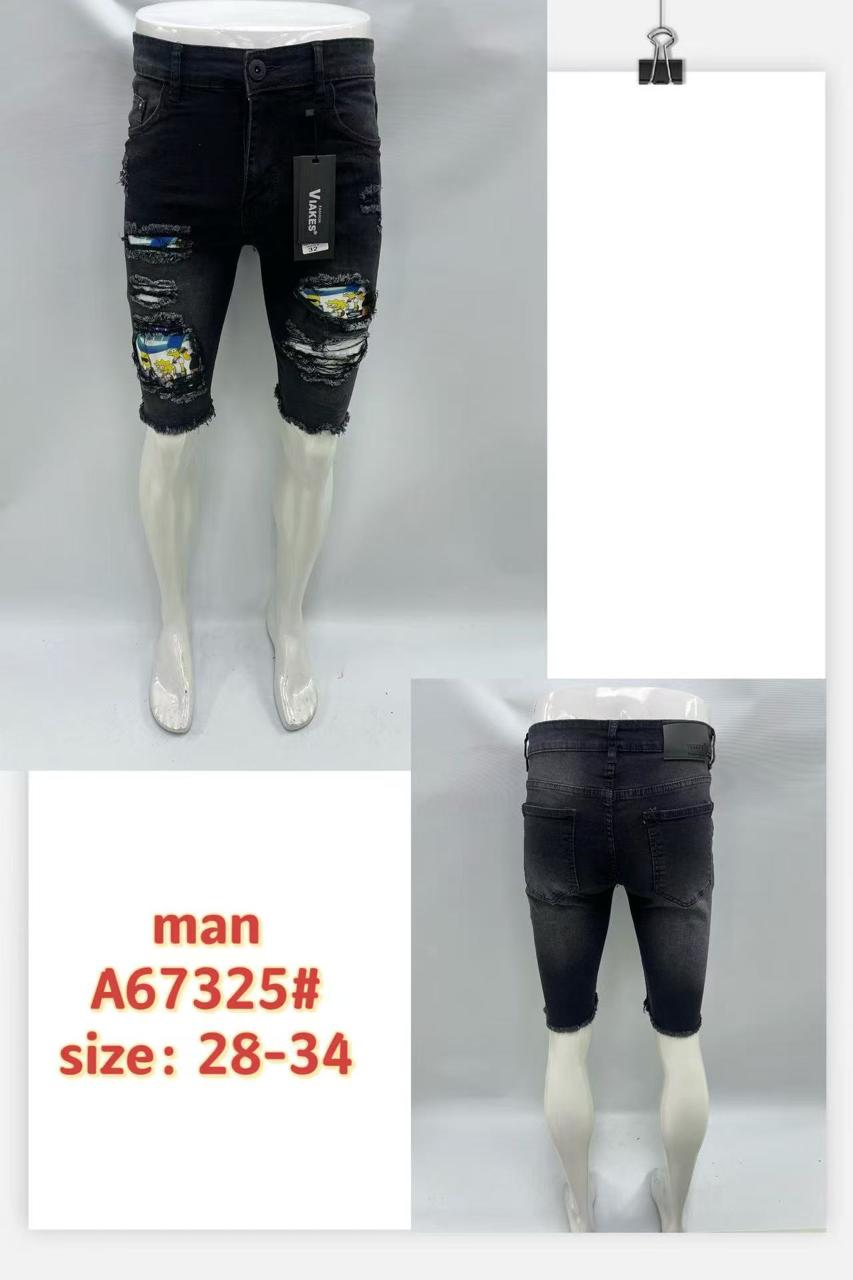 Men’s Ripped Denim Shorts – A67325 | Black with Cartoon Detail