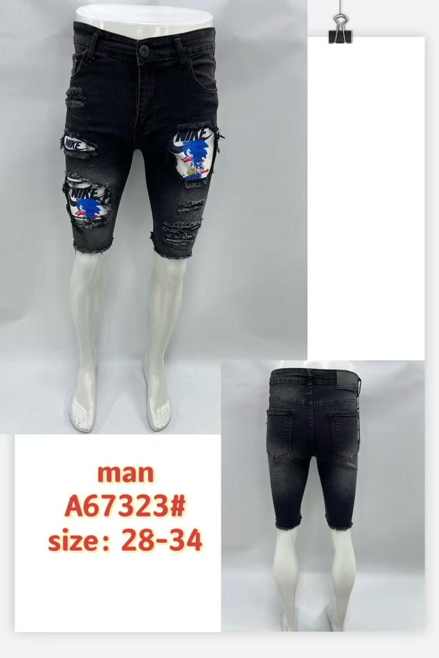 Men’s Black Ripped Denim Shorts with Cartoon Patch – A67323