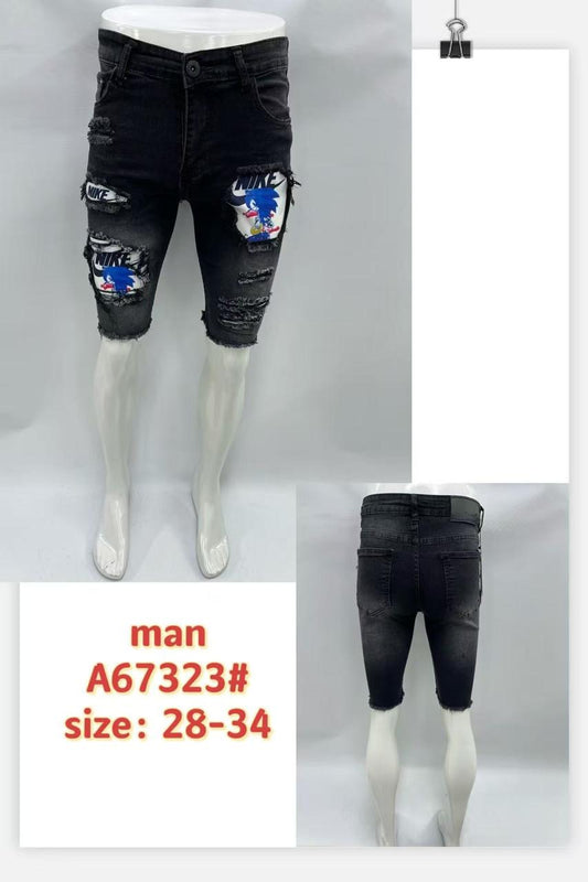 Men’s Black Ripped Denim Shorts with Cartoon Patch – A67323