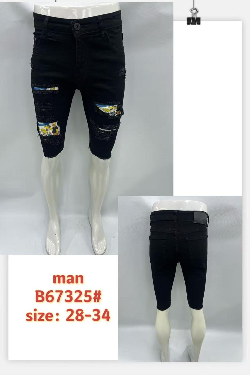 Men’s Ripped Denim Shorts – B67325 | Black with Cartoon Details