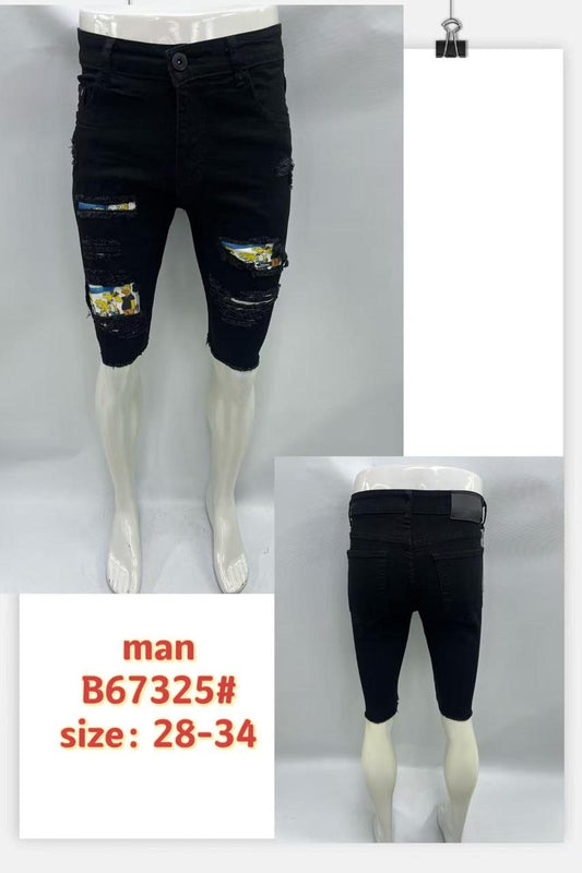 Men’s Ripped Denim Shorts – B67325 | Black with Cartoon Details
