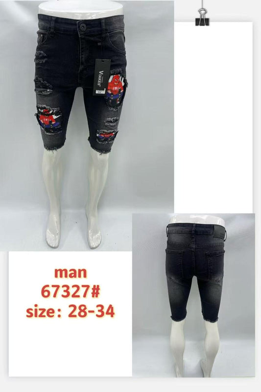 Men’s Ripped Black Spiderman Patch Denim Shorts – Style 67327#