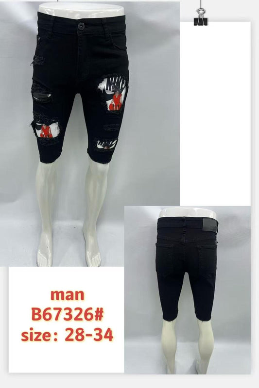 Men’s Black Ripped Graphic Denim Shorts – Style B67326#