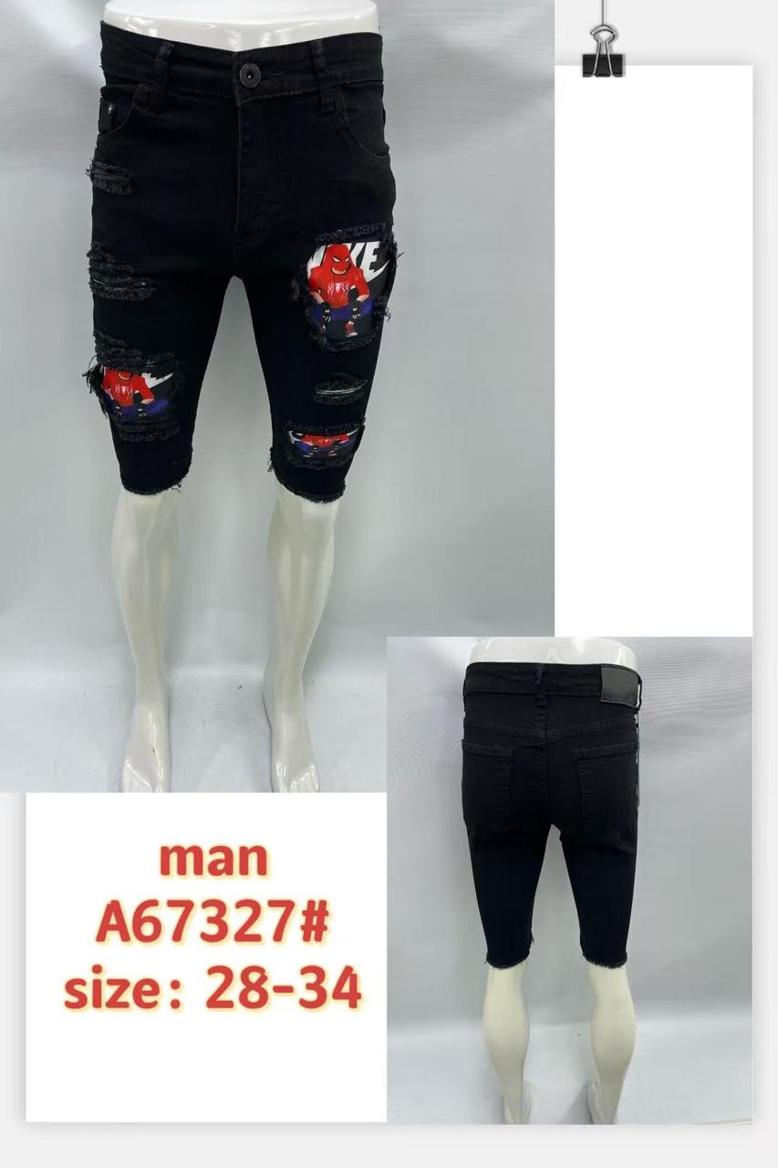 Men’s Ripped Spiderman Patch Black Denim Shorts – Style A67327#