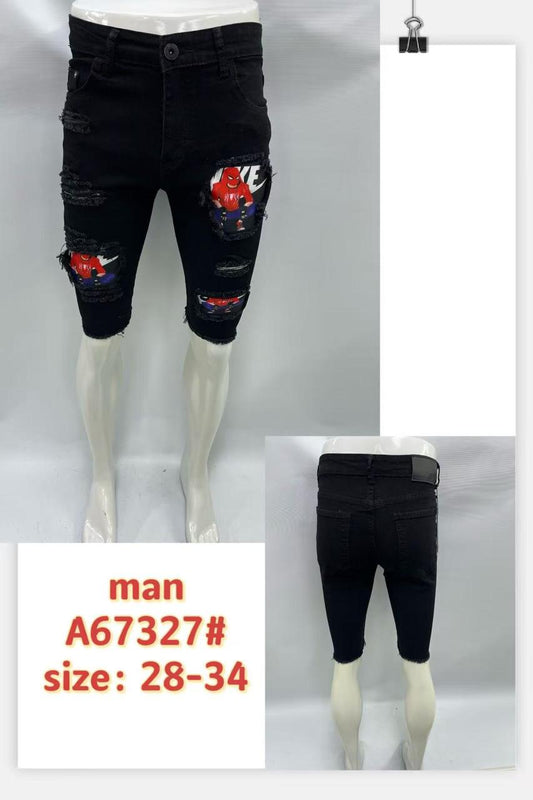 Men’s Ripped Spiderman Patch Black Denim Shorts – Style A67327#