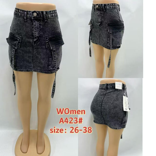 Women’s Black Acid Wash Denim Mini Skirt with Cargo Pockets – Style A423#