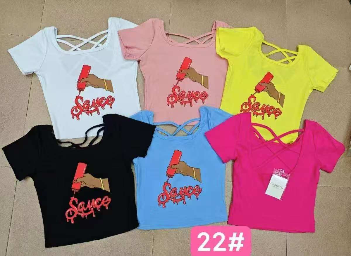 Criss-Cross “Sauce” Graphic Crop Tops – Style 22#