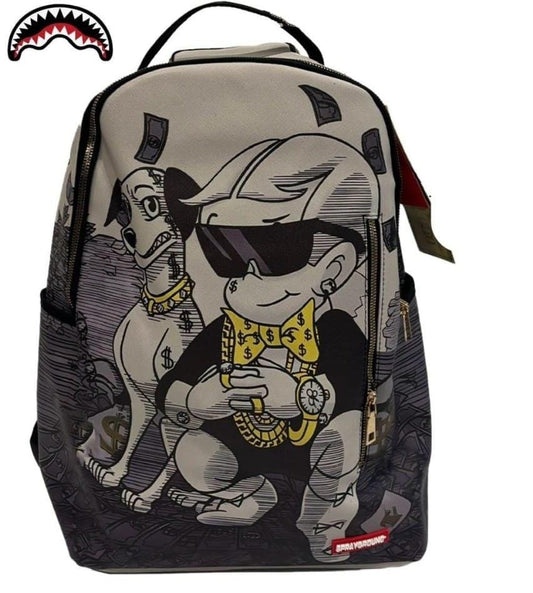Sprayground “Rich Pup” Cartoon Backpack – Beige & Black Graphic