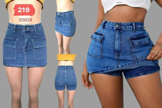 High-Waist Denim Skort – Skirt with Built-In Shorts & Utility Pockets