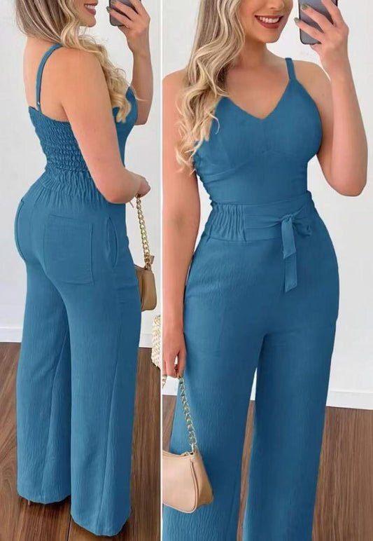 Sleek & Chic Smocked Back Jumpsuit – Blue