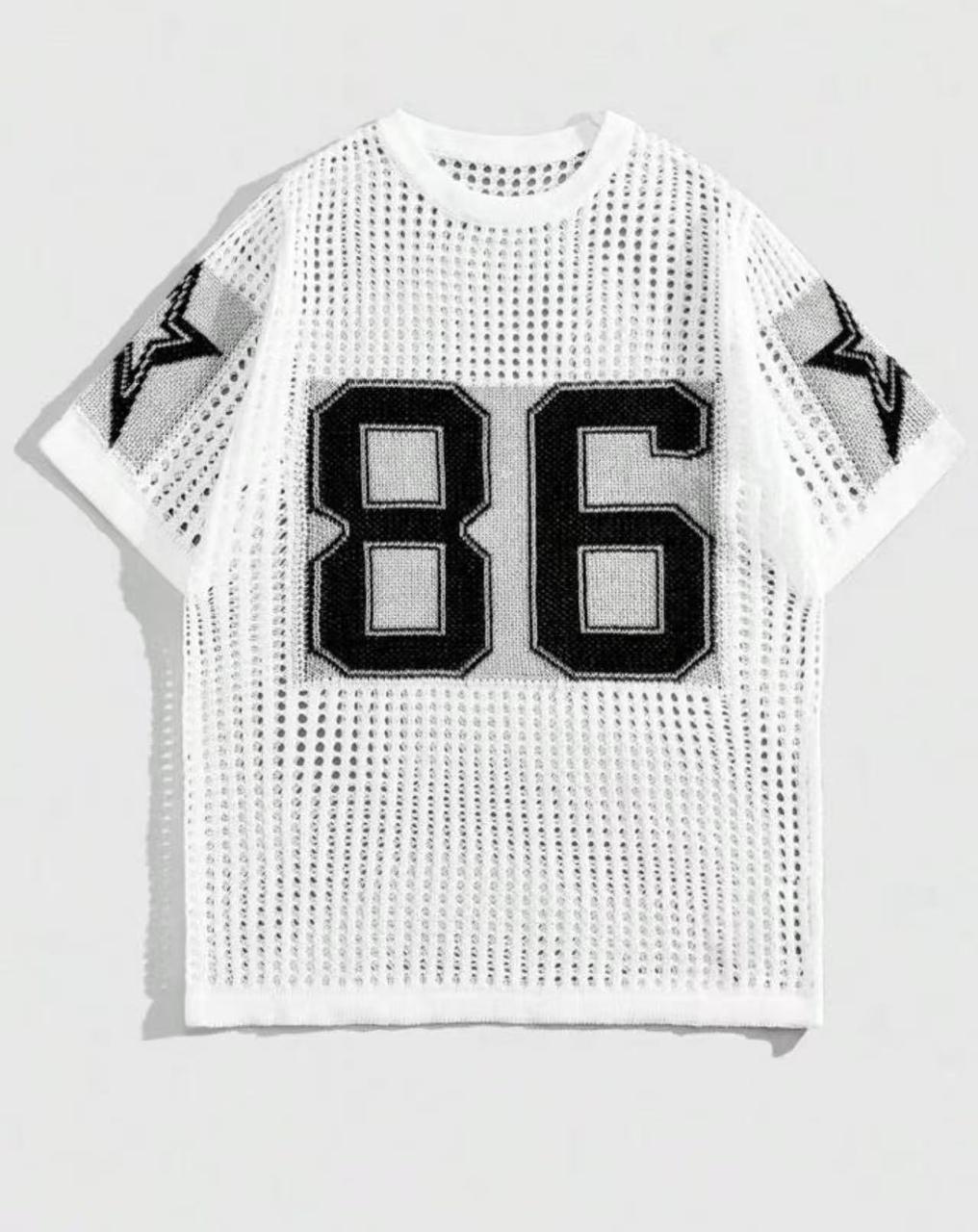 White Mesh Jersey Tee with "86" & Star Detailing
