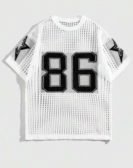 White Mesh Jersey Tee with "86" & Star Detailing