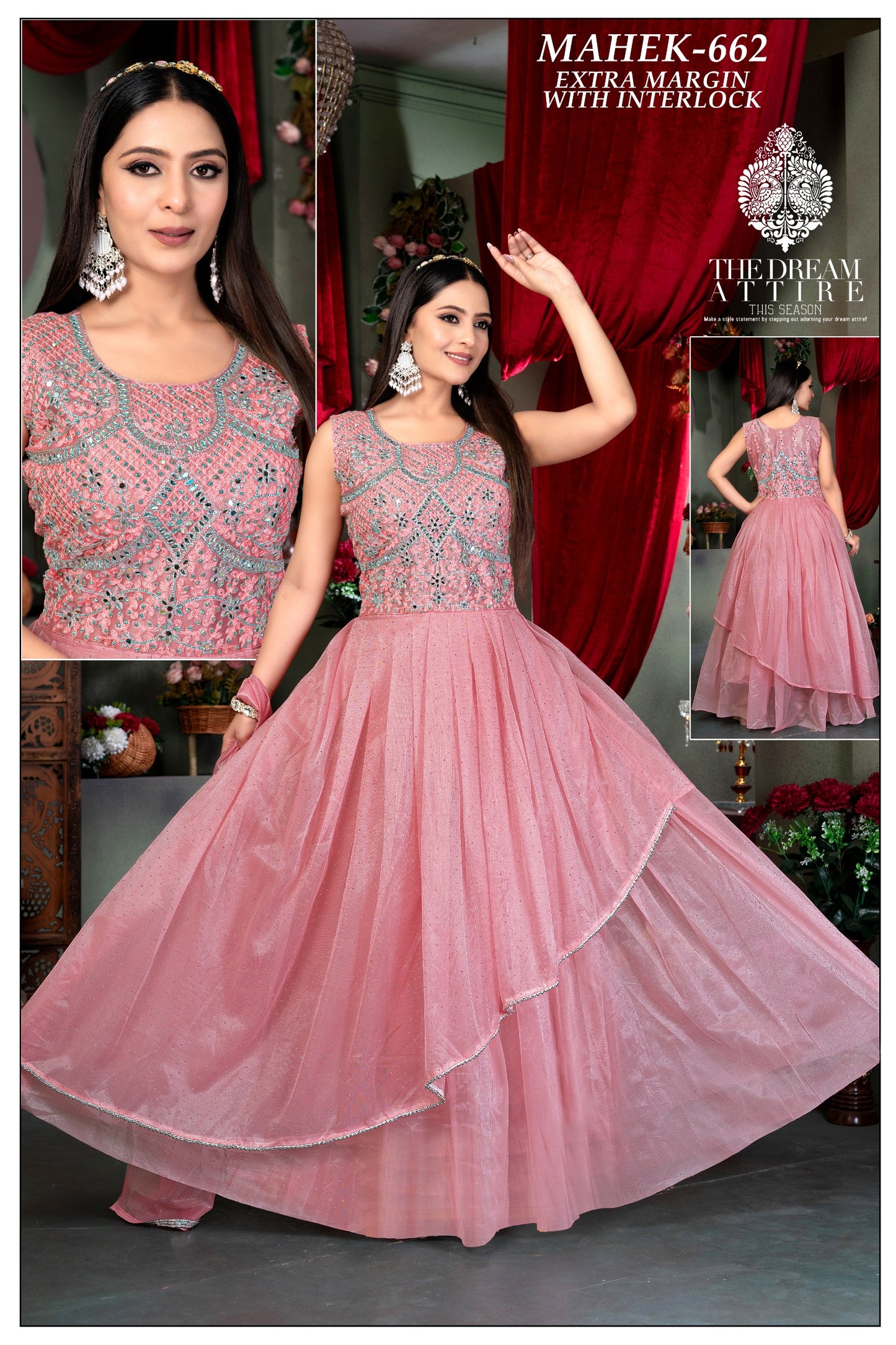 Women’s Designer Pink Embroidered Layered Gown