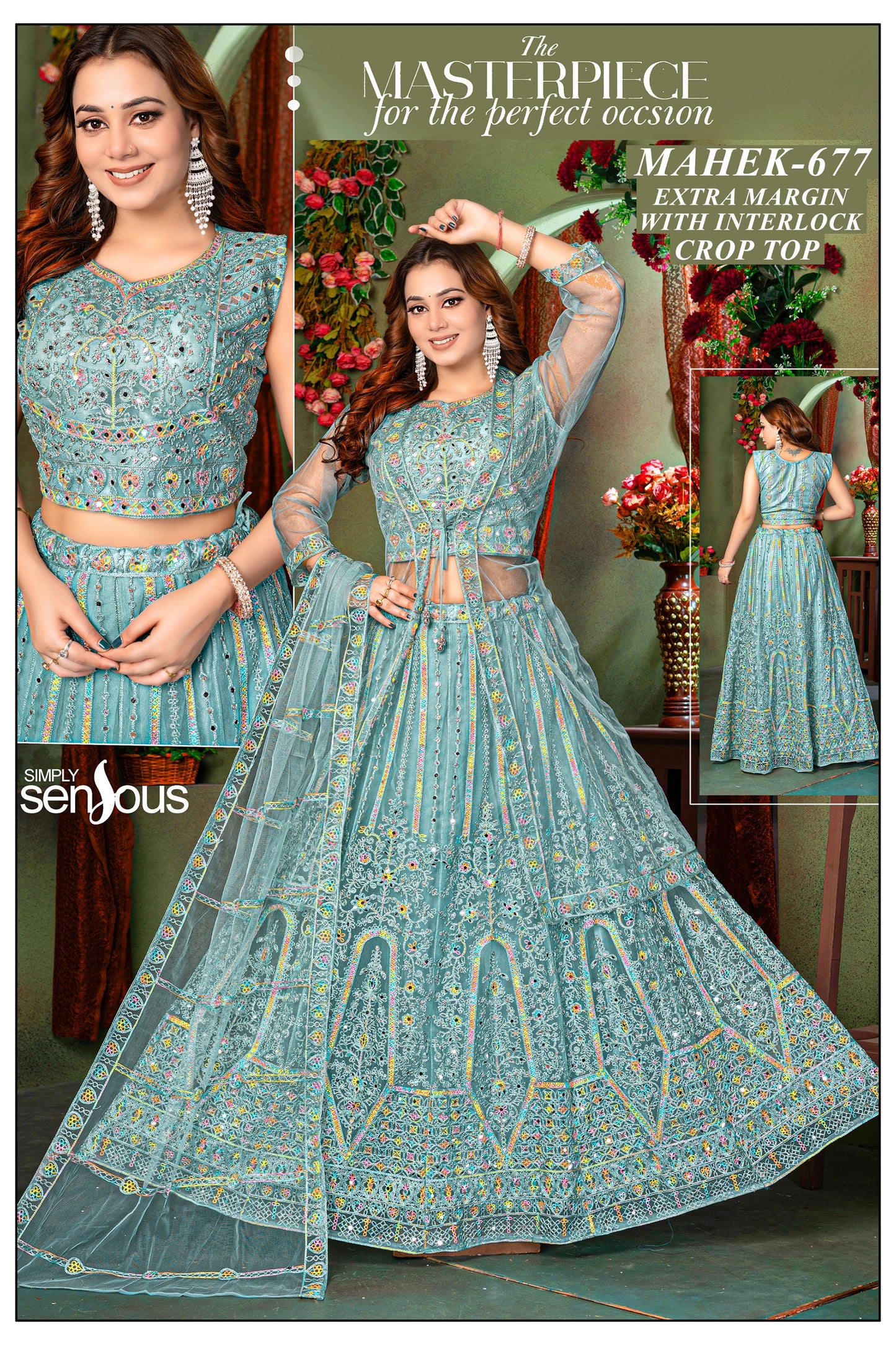 Women’s Sea Green Embroidered Net Lehenga Set