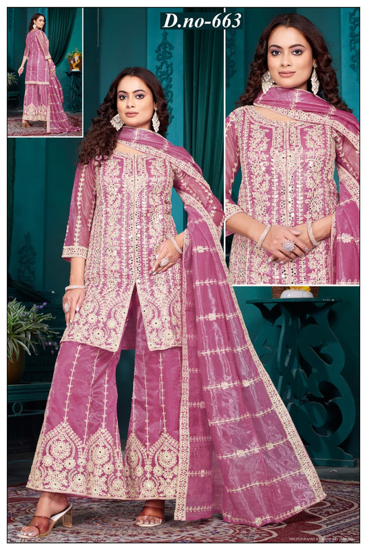 D.No-663 Wine Purple Embroidered Palazzo Suit with Dupatta