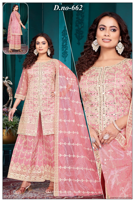 D.No-662 Peach Pink Embroidered Palazzo Suit with Dupatta
